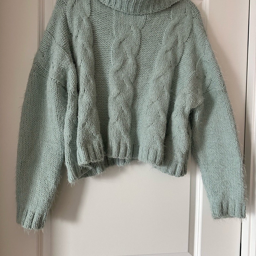 Adyson Parker Mint Cable Knit Cropped Turtleneck Sweater